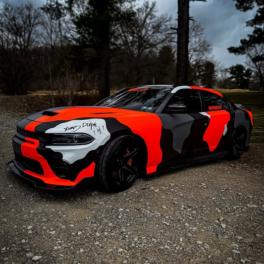 Dodge Challenger Orange Black Grey Camo Custom Car Vinyl Wrap