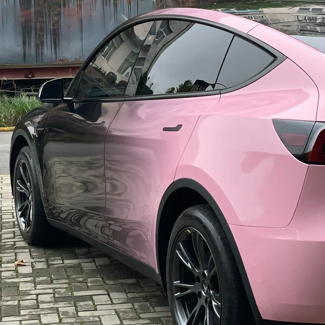 Tesla Gloss Black Pink Gradient Color Car Vinyl Wrap