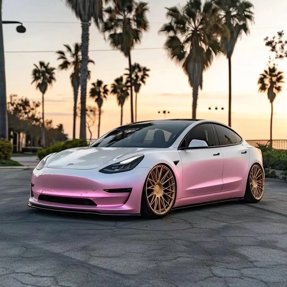 Tesla Gloss Customized Pink White Car Vinyl Wrap