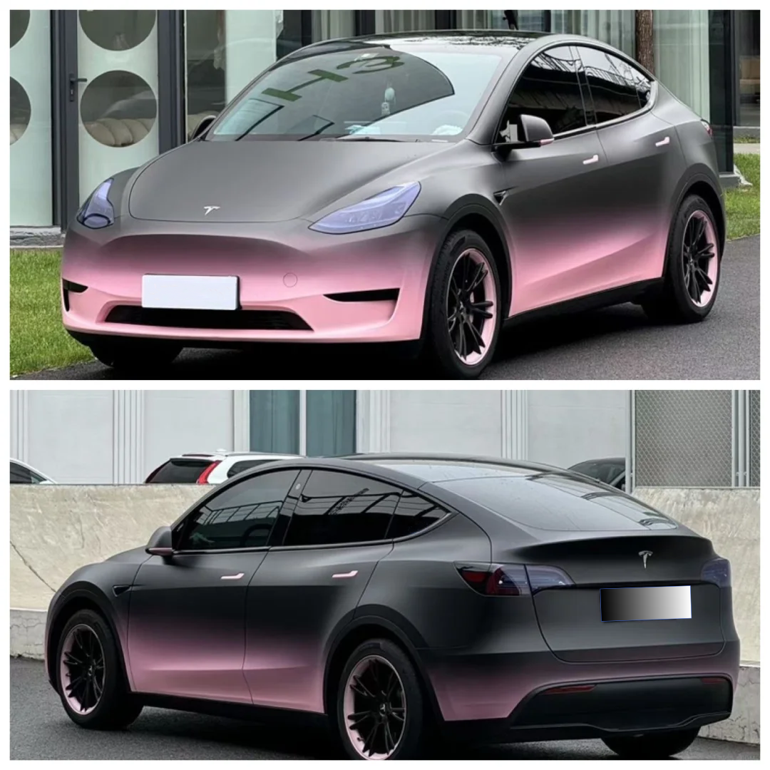 Tesla Matte Black Pink Gradient Color Car Vinyl Wrap